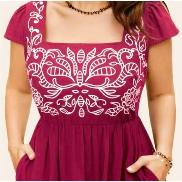 Plus Size 4X 26 Red BloomChic Comfy Printed Cotton Cap Sleeve Midi Dress Pockets - Picture 2 of 8